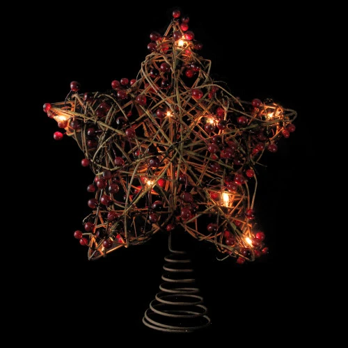 Northlight 13.5" Brown Rattan With Red Berries Star Christmas Tree Topper - Clear Lights - Image 2