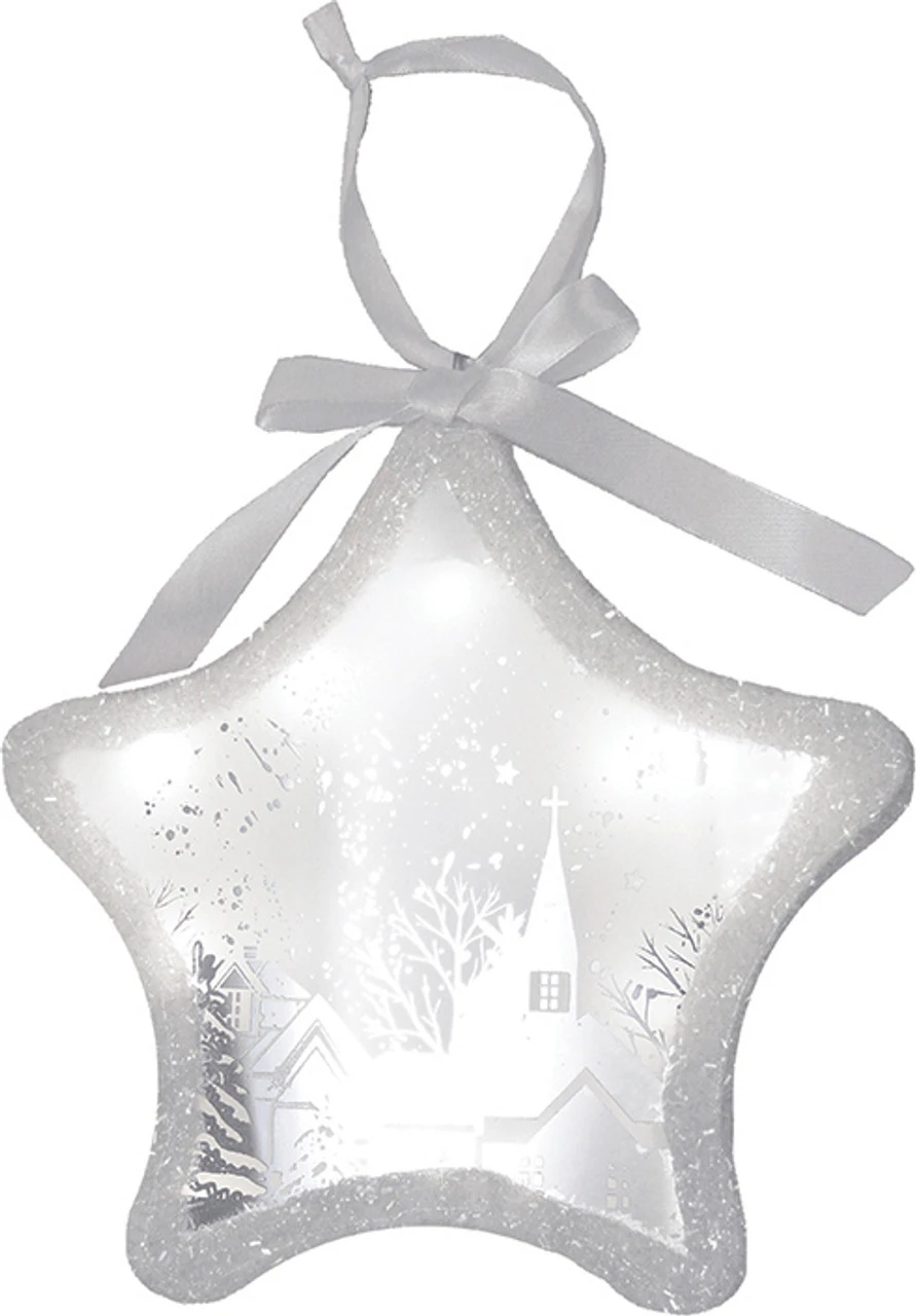 Northlight 8" White And Silver LED Sparkle Star With Winter Scene Christmas Ornament